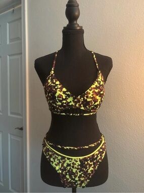 NWOT The Bikini Lab Neon Yellow and Brown Leopard Print Bikini
